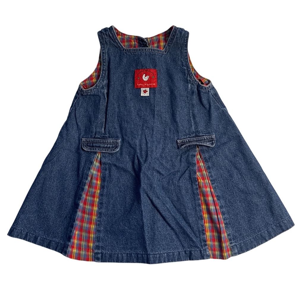 Vintage 90s Oshkosh Bgosh Denim Dress Cottagecore Chicken Hen Plaid 24m girl